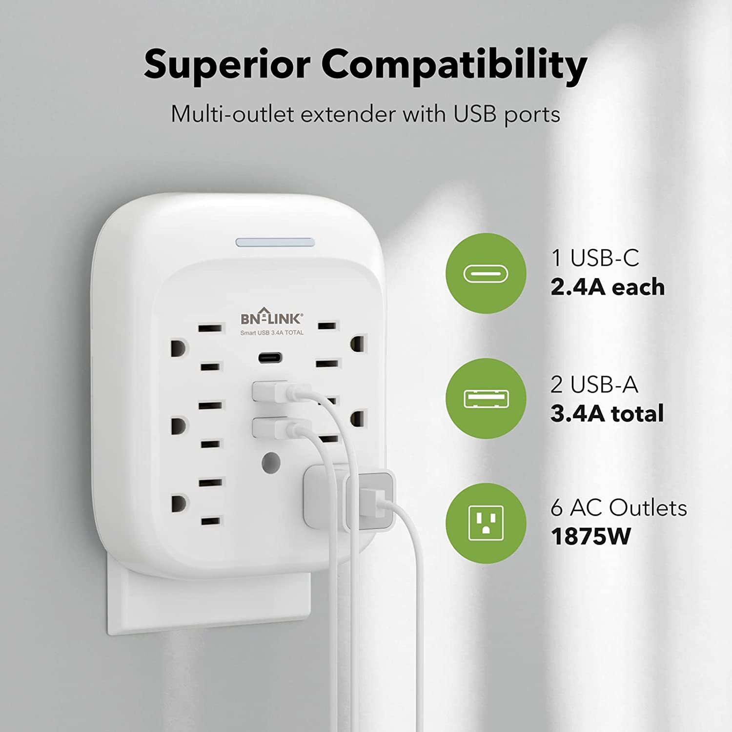 BN-LINK 6 Outlet Extender Multi Plug Outlet with 3 USB Charger Wall Adapter Tap