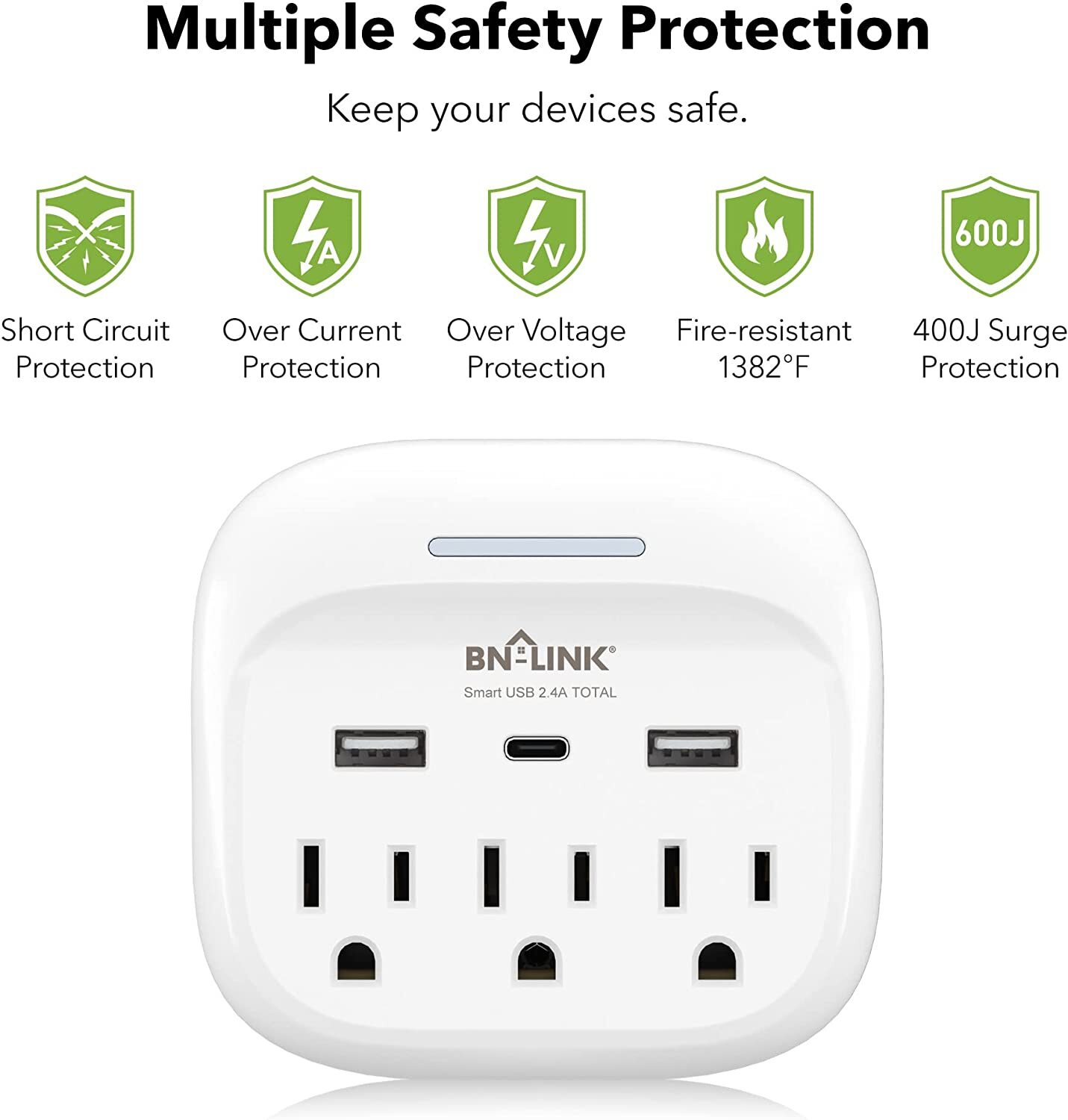 Multi Plug Outlet Extender With USB C, 3 Outlets Surge Protector 600J Wall Plug