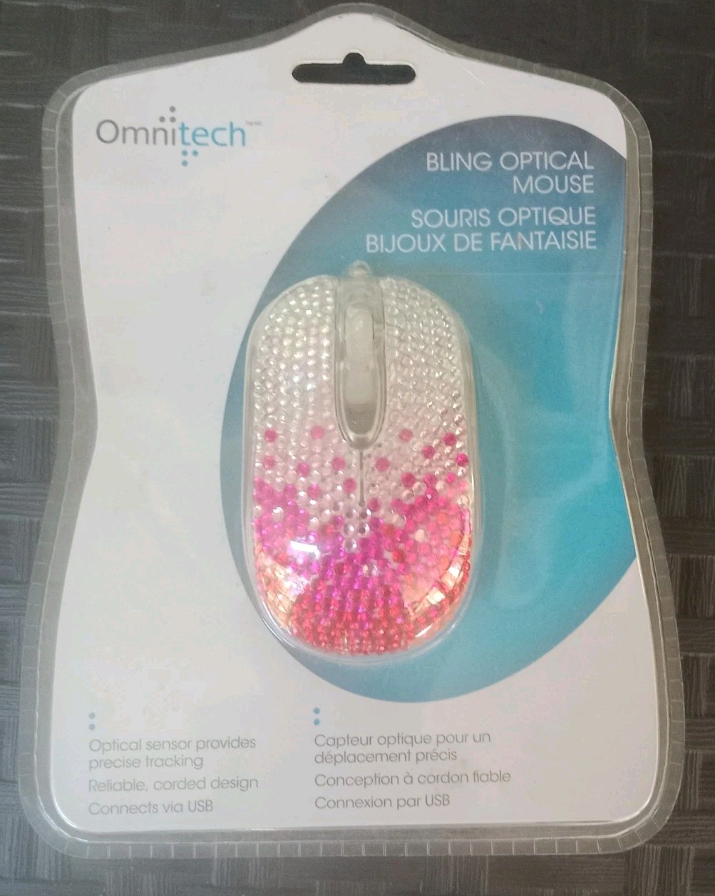 Omnitech Corded Bling Optical Pink & Clear Sparkle Mouse USB New in Sealed Pkg