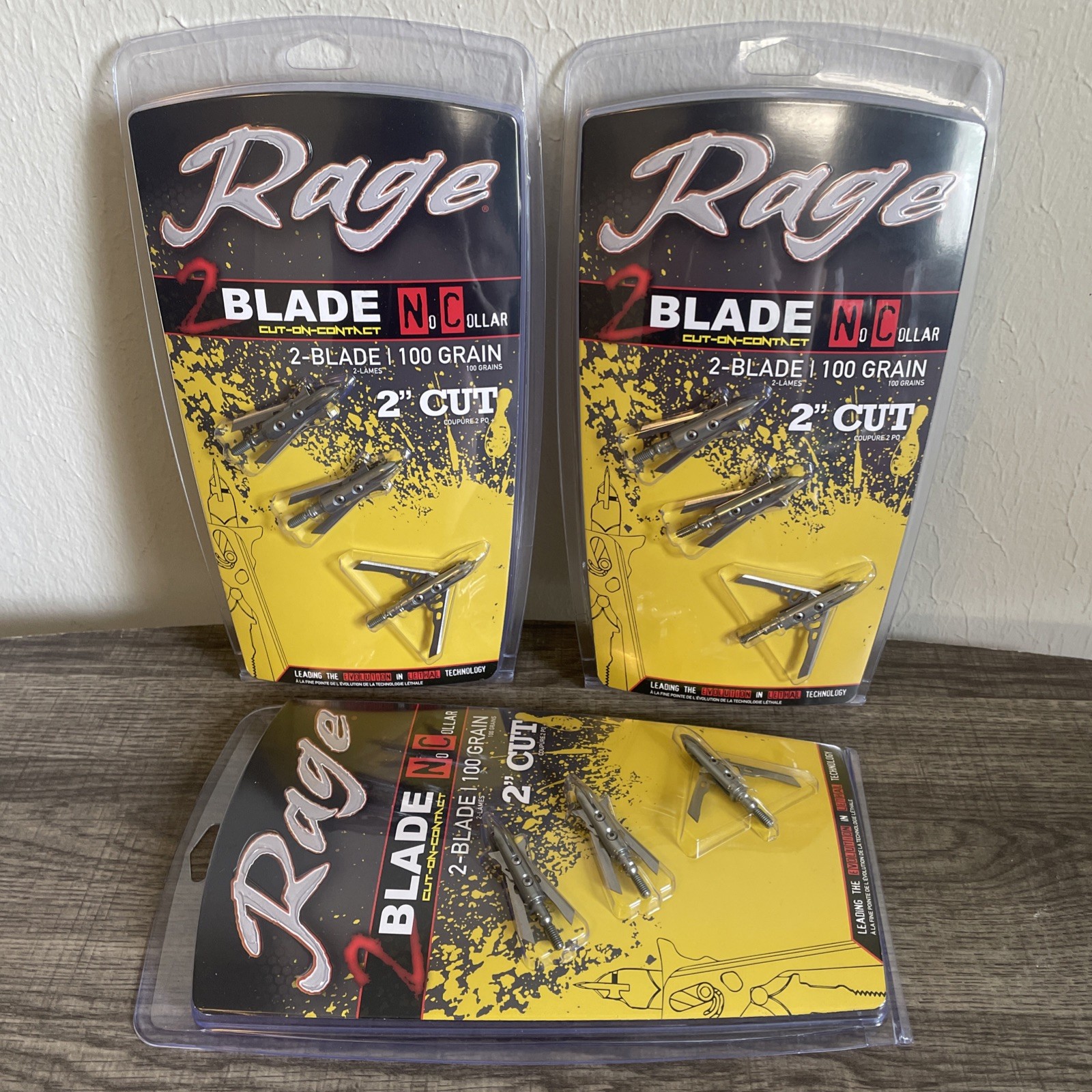 3 PACK NEW - Rage 2 Blade 100 Grain Cut-On-Contact 2” Cut No Collar Broadhead