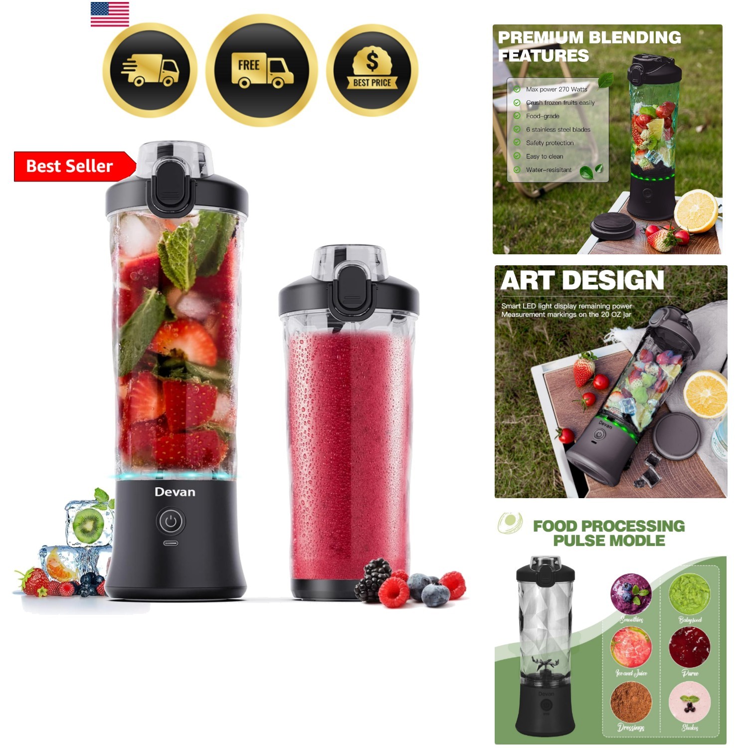 Portable Blender, Shakes and Smoothies Waterproof 20 oz BPA Free Blender Cup ...