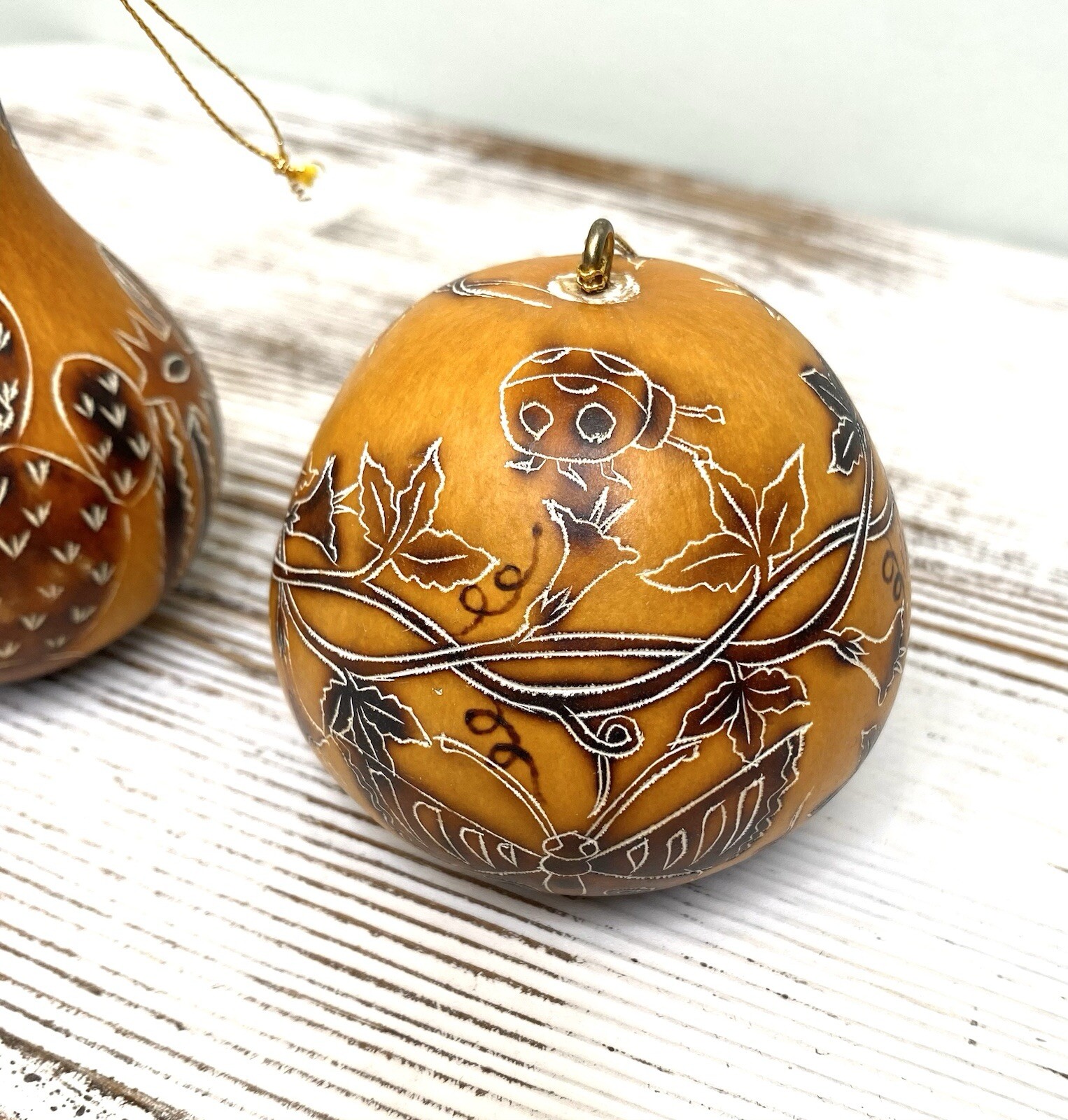 Lucuma Peruvian Gourd Ornament Set Hand Carved & Burned Designs Cactus & Ivy