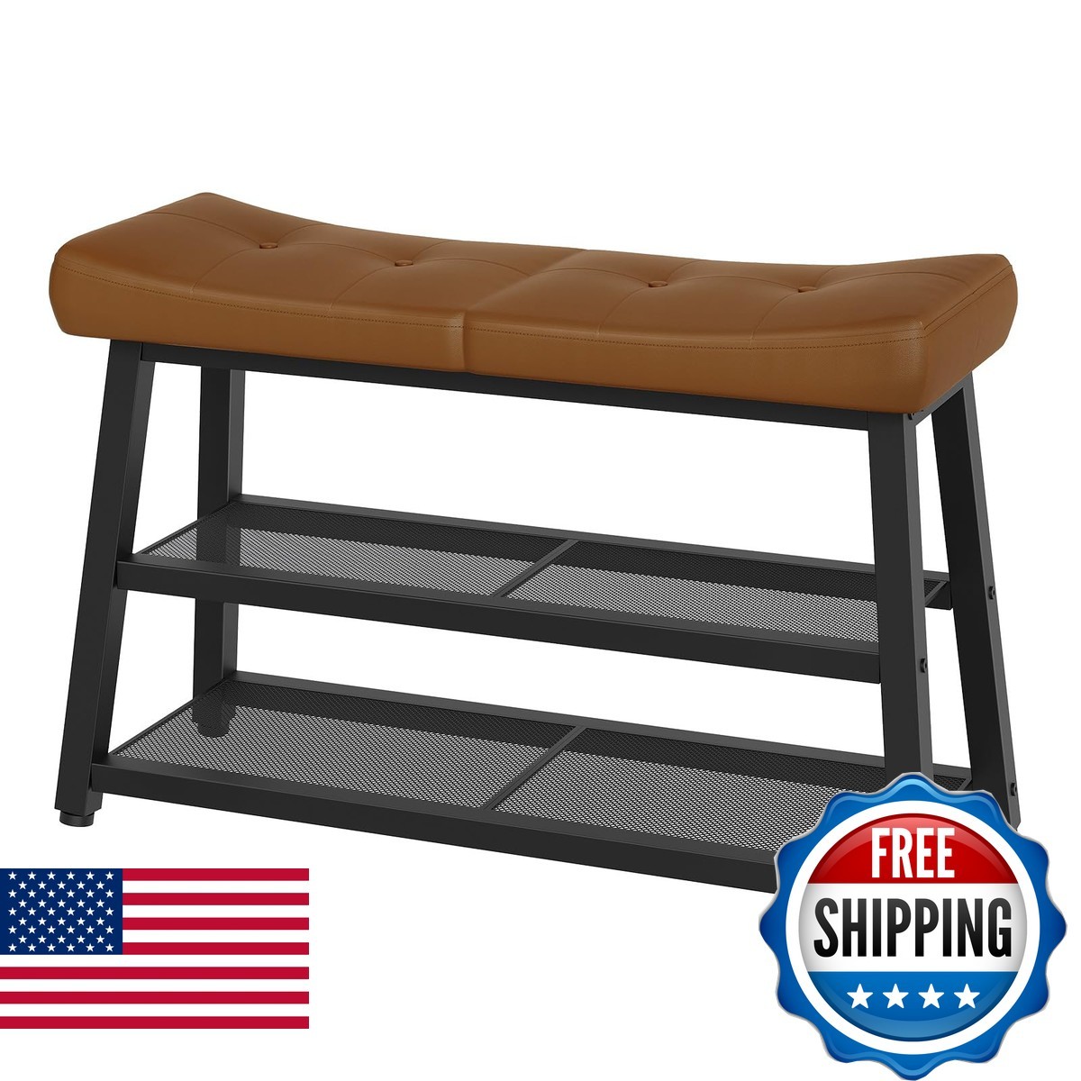 YATINEY 3-Tier Shoe Bench Rack with Storage Cushion Brown Black HX02BV