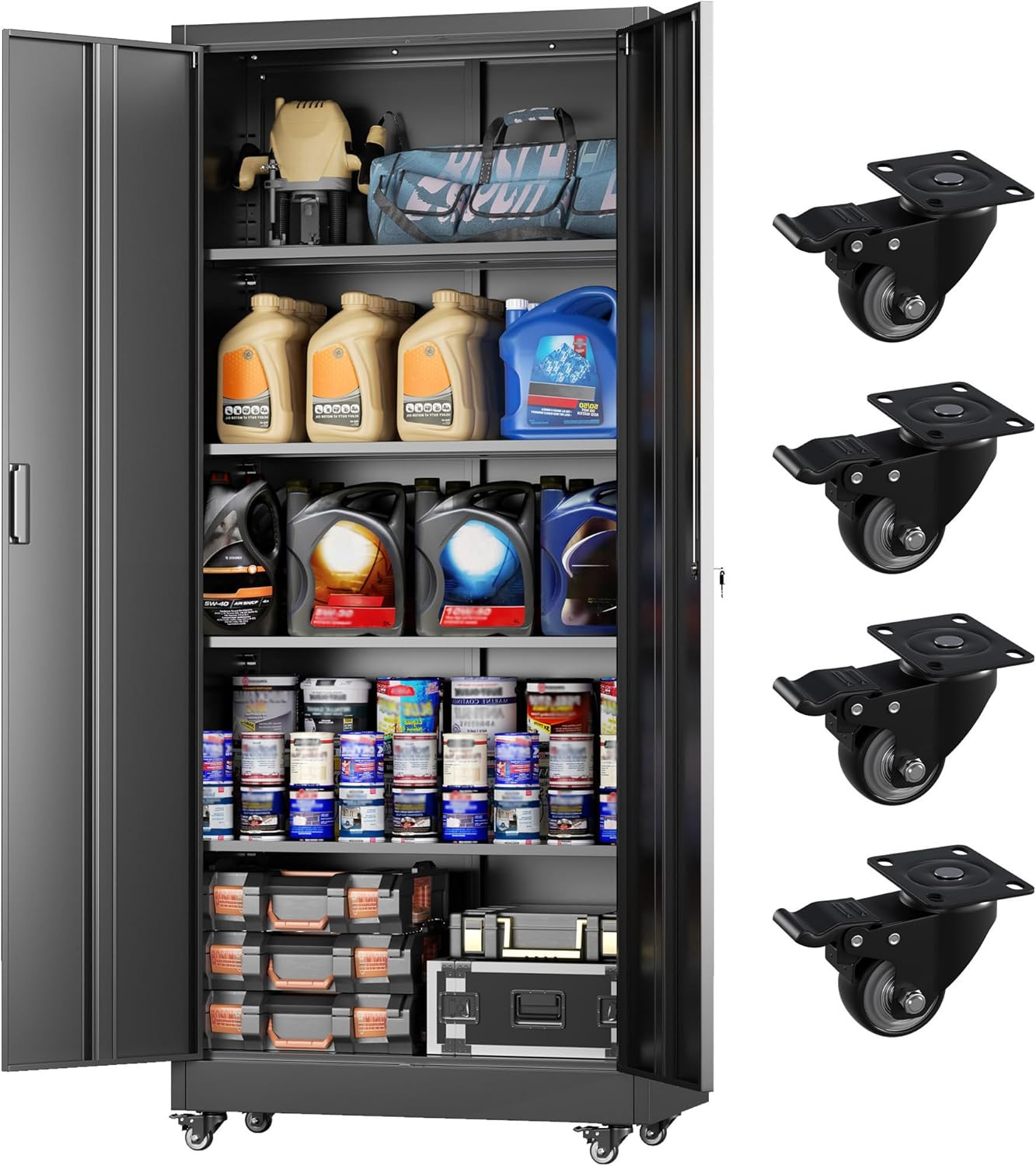 Greenvelly 73" Rolling Storage Cabinet,Black Metal Garage Cabinet with Locking D