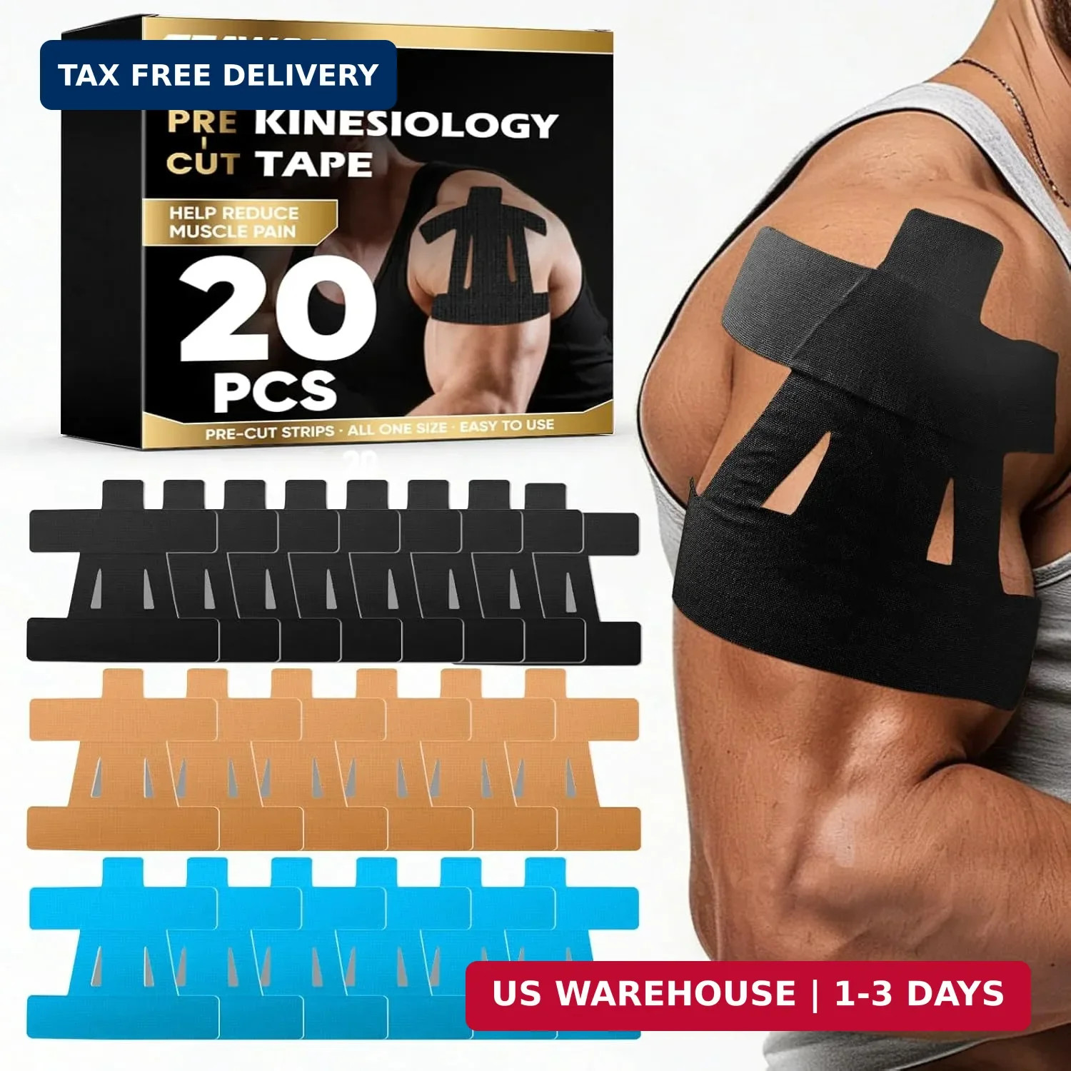 PreCut Kinesiology Tape for Shoulder (20 Pcs) - Waterproof Breathable Athleti, E