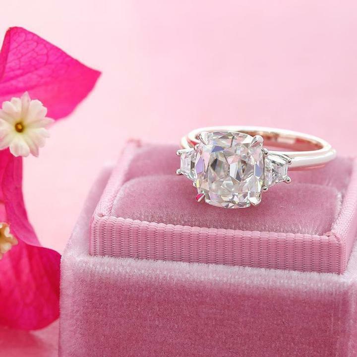 Cushion Cut Simulated Diamond Trilogy Ring White Gold Plated Trapezoid Accent