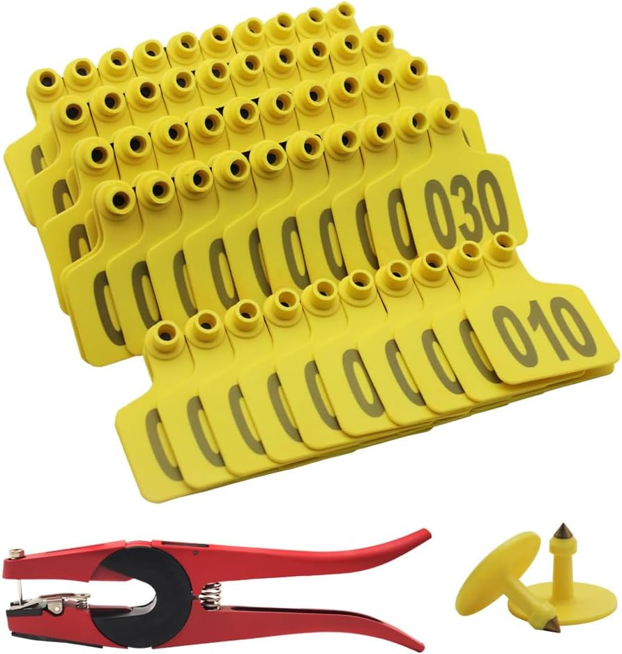 001-100 Cattle Ear Tags with Pliers Livestock Identify Kits for Cow(Yellow)