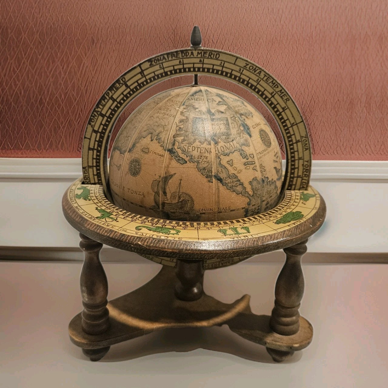 VTG Decorative Old World Globe w/ Zodiac Signs 8x9.5" Wood Base Armillary Style