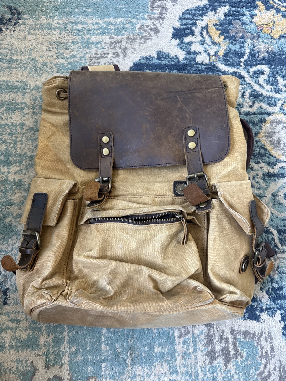 Kattee Brown Canvas Leather Hiking Backpack Buckle Closure Adjustable Straps Y2K