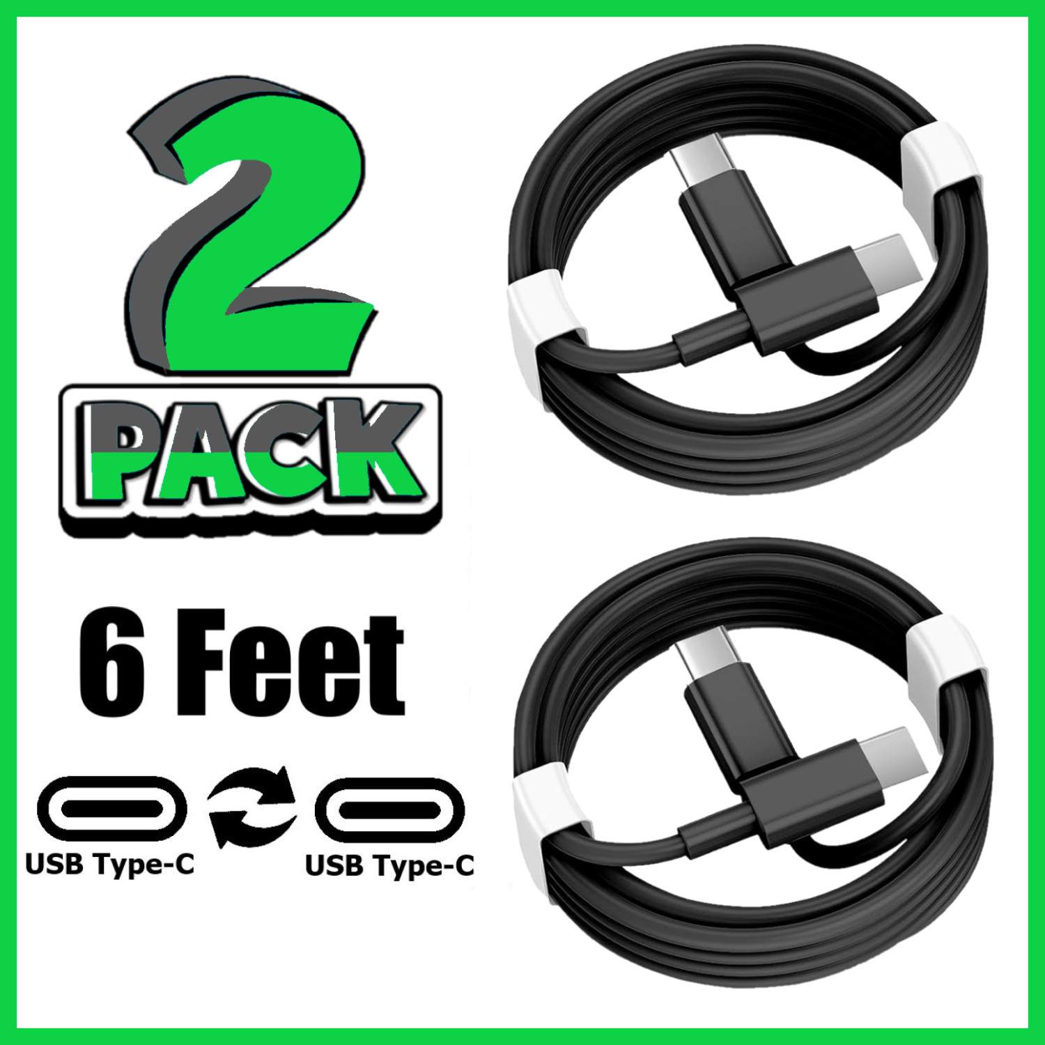 Paquete de 2 cables USB-C de 6 pies Cable de carga rápida tipo C Cargador rápido