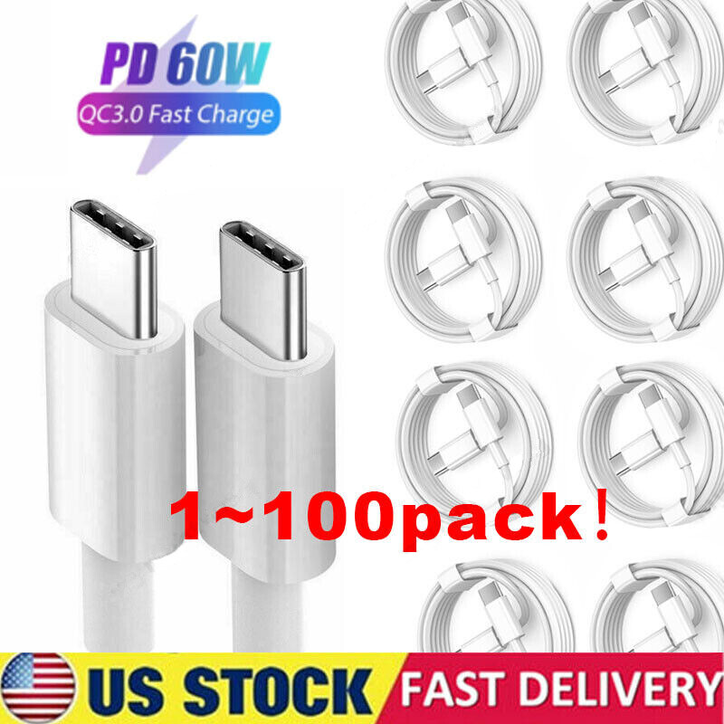 50X Lot 60W USB-C to USB-C Cable 3/6Ft PD Fast Charger Cord For Samsung Macbook