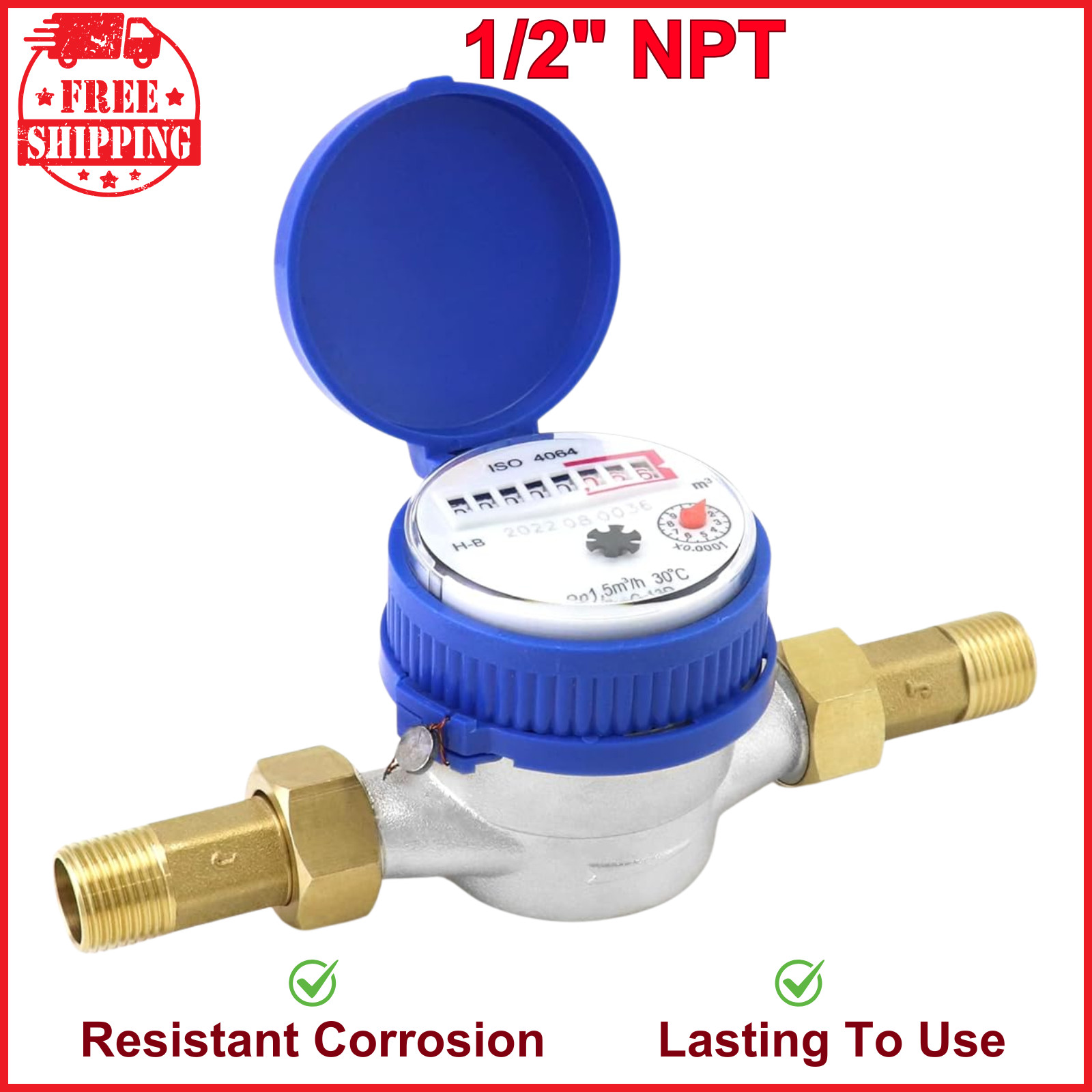Water Meter, 1/2" NPT 304 Stainless Steel Cold Water Flow Meter W/ Pulse Output
