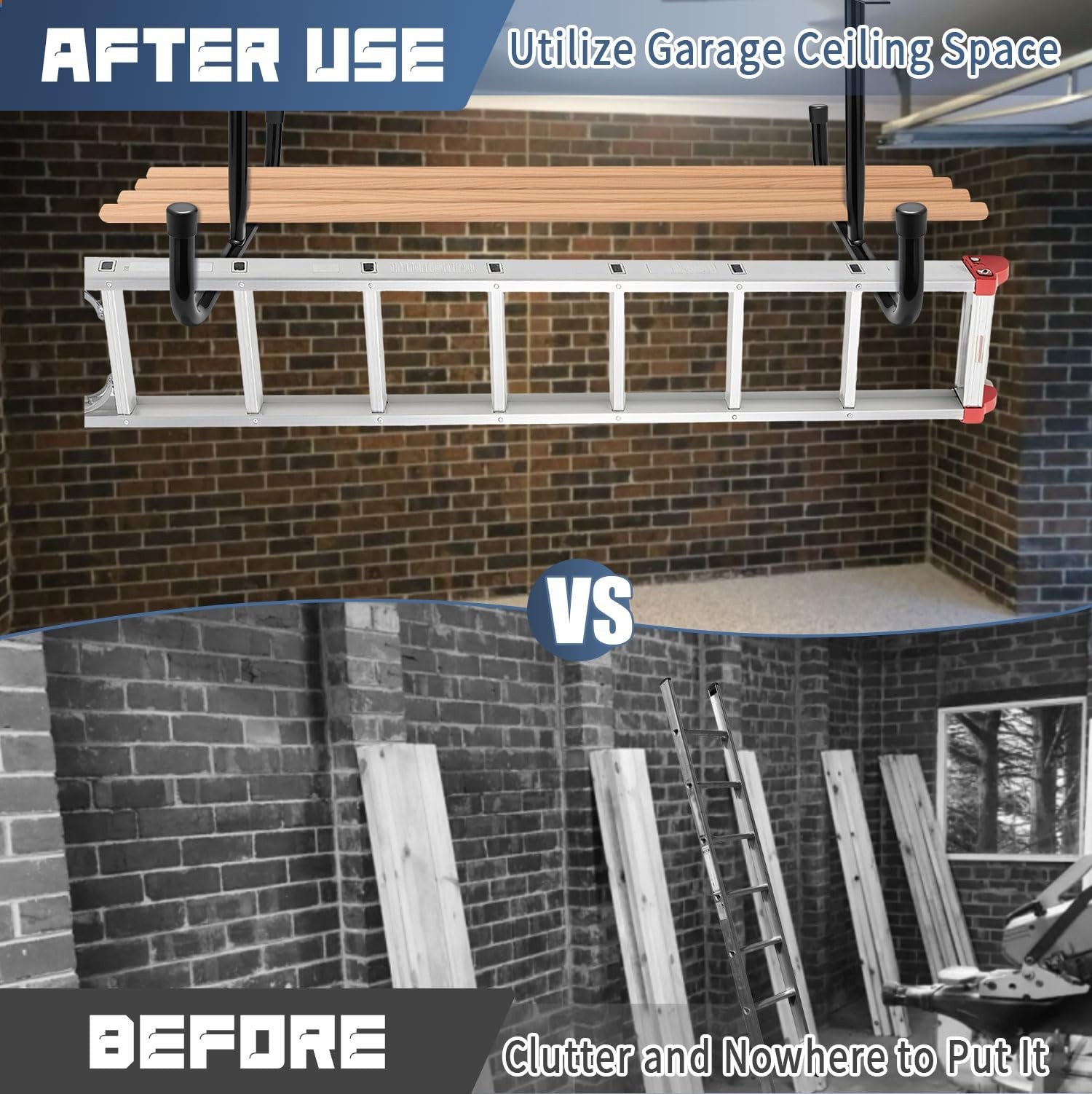 2 Pack Overhead Garage Storage Rack with 6 J Hooks, 66Lbs/Ceiling Rack & 45Lb...