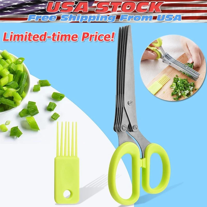 5-Layer Stainless Steel Kitchen Scissors Herb Chive Cutter Shears with Cleaner