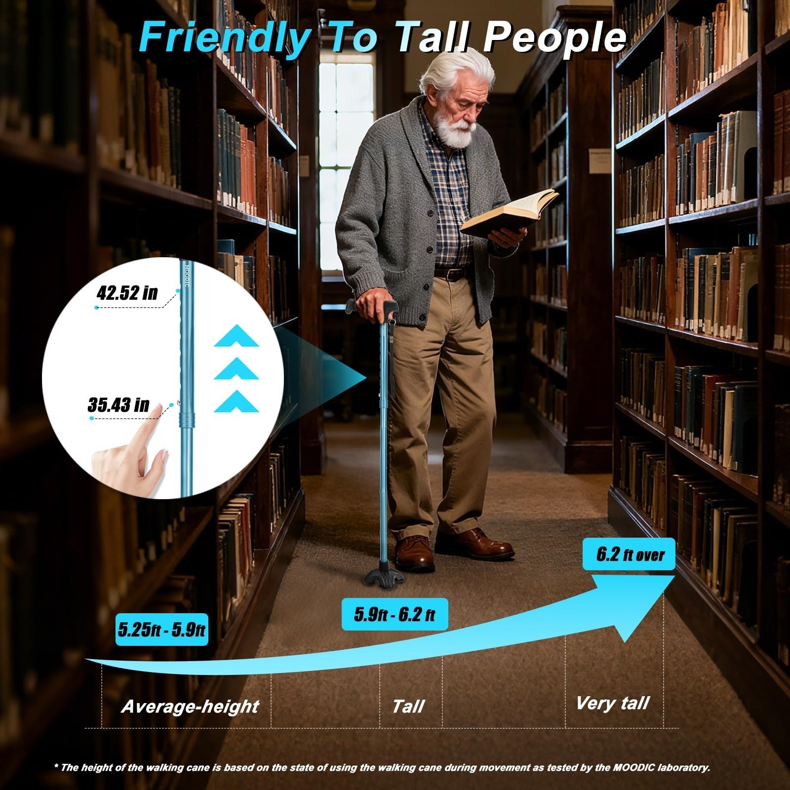 MOODIC Extra Tall Walking Cane, 300 lbs Capacity, Adjustable Height, Blue