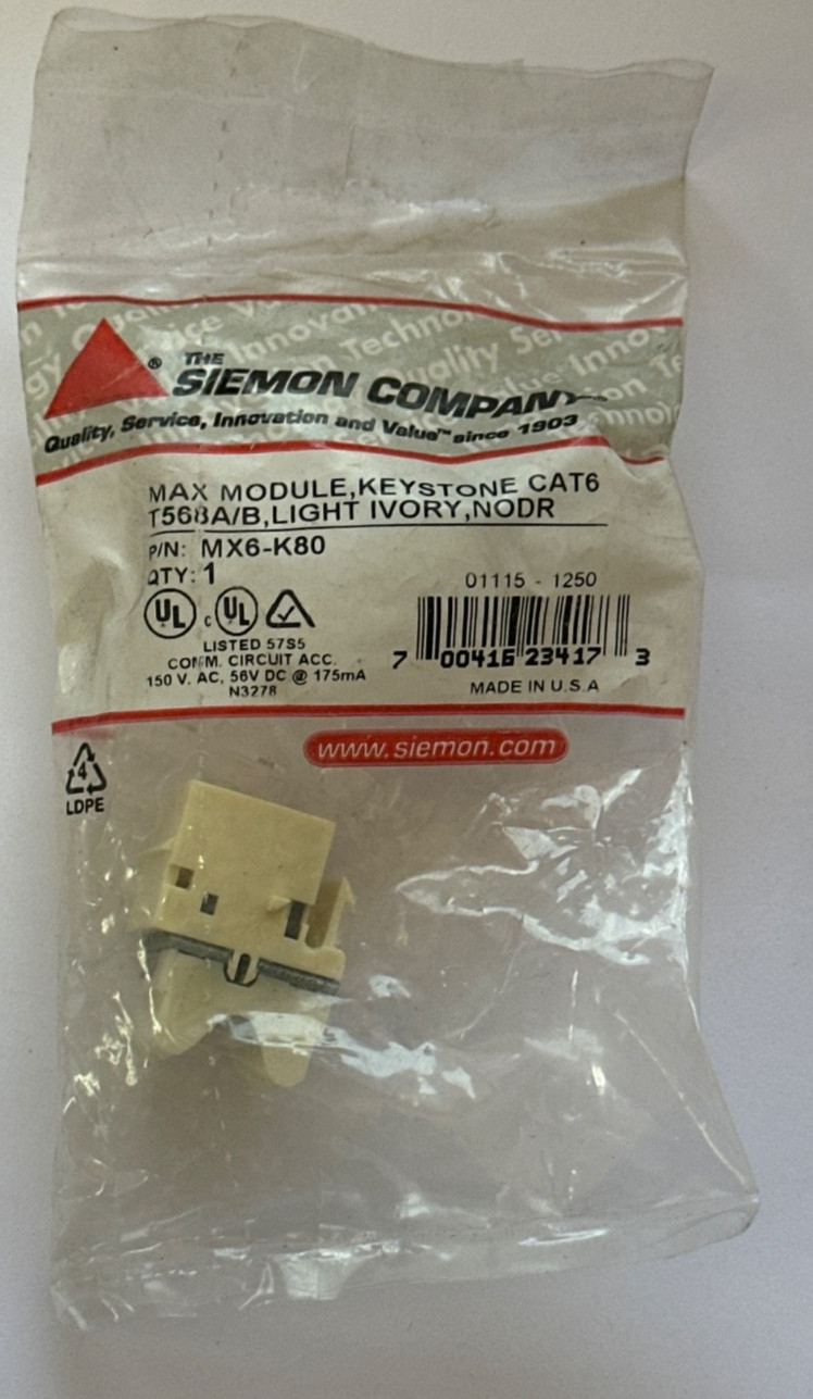 Siemon MX6-K80 Cat6 RJ45 Keystone Modular Jack, Light Ivory