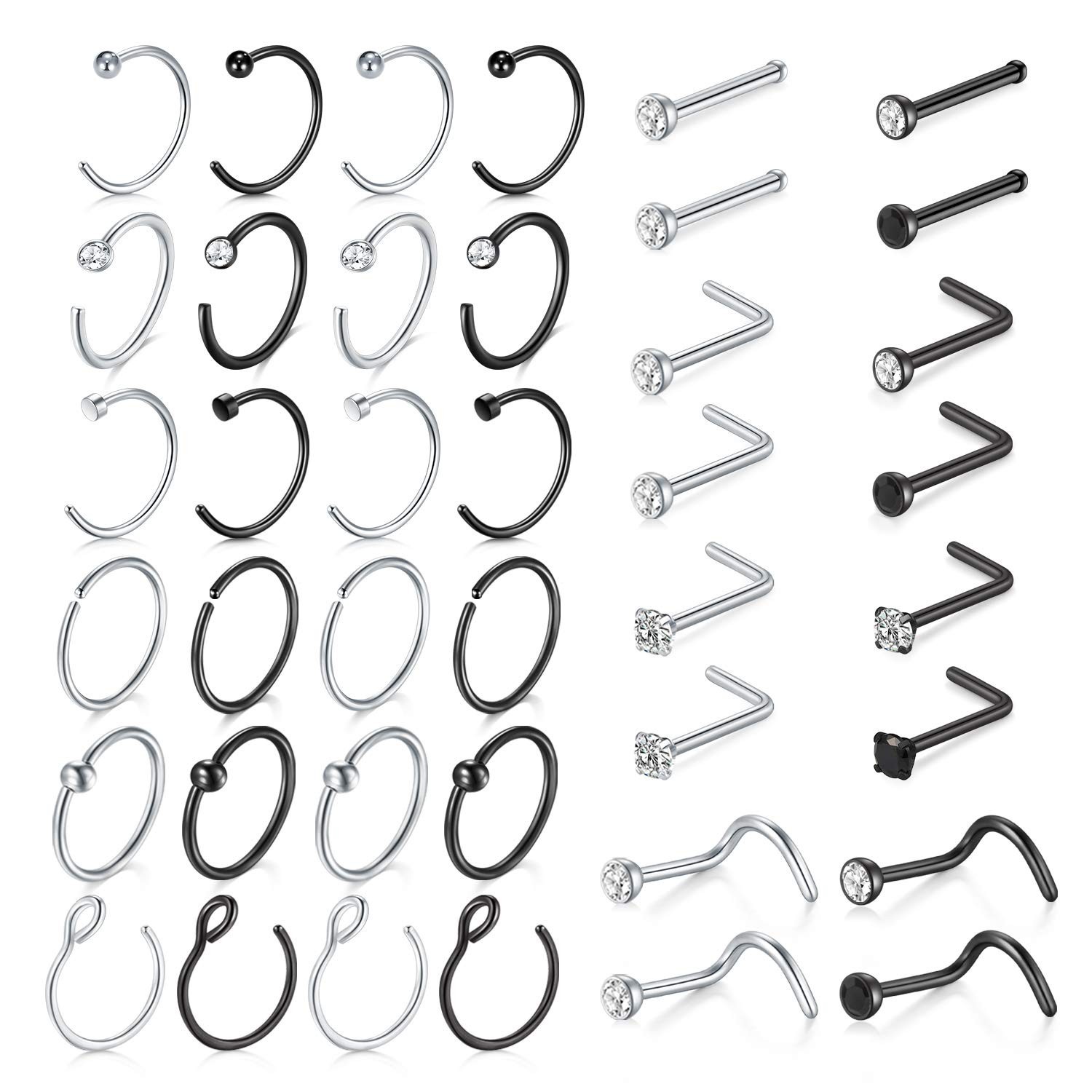 18 Nose Rings Studs Surgical Stainless Steel Hypoallergenic L Shaped Nose Pie...