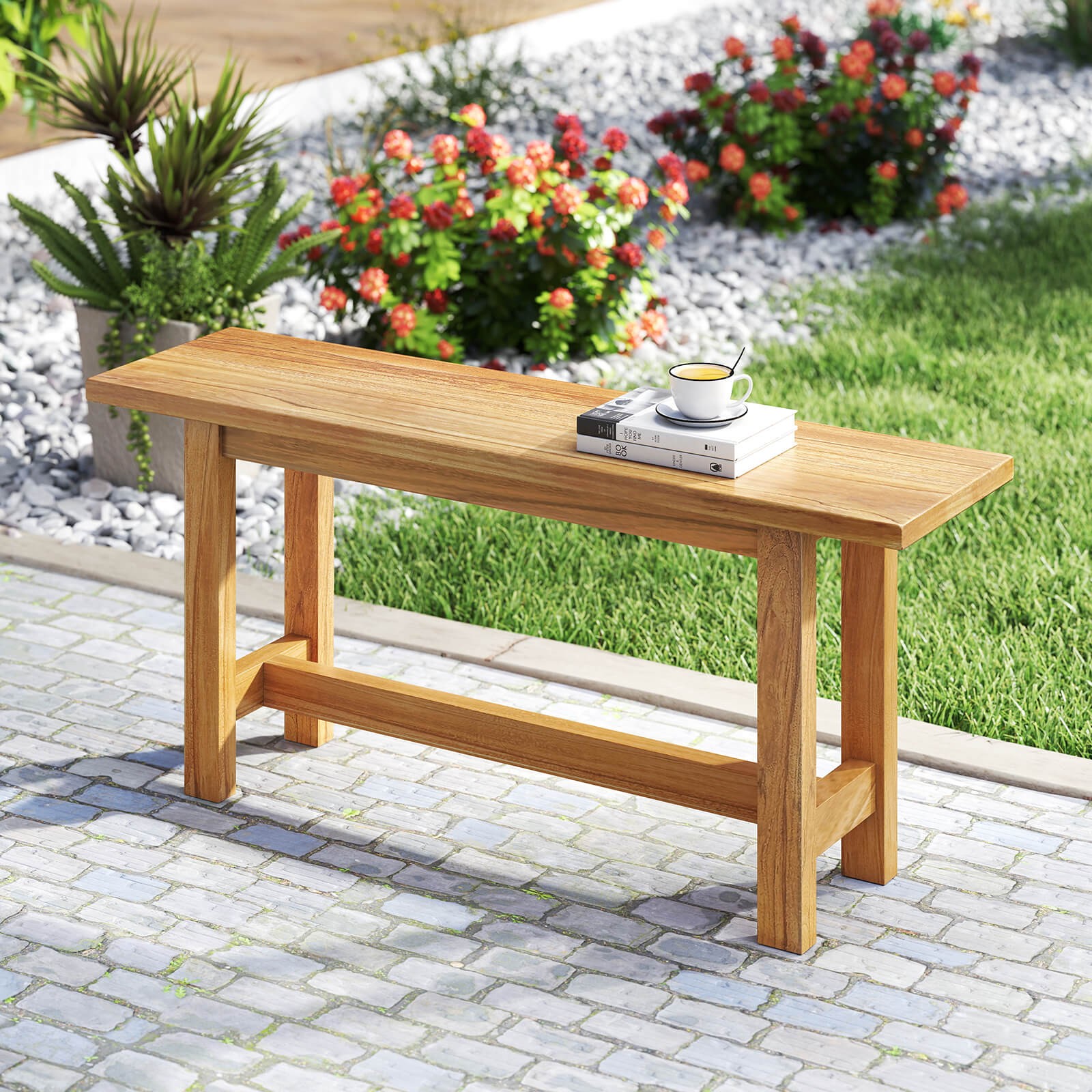 Outdoor Teak Wood Bench 2-Person Loveseat Seating for Porch Patio Backyard