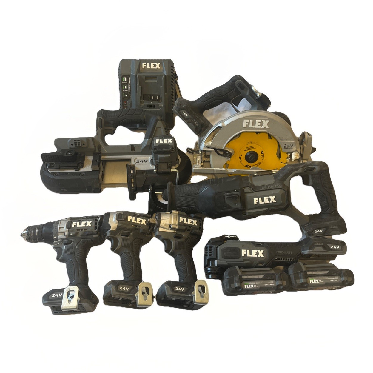 Flex 24v Power Tool Kit 10 Piece Set 7 Tools,  2 Batteries, 1 Charger