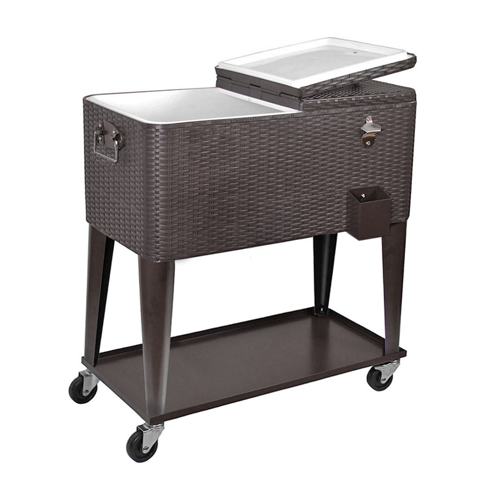 Outdoor Patio Rolling Cooler Cart 80 Qt Wicker Ice Chest Beverage Brown Rattan