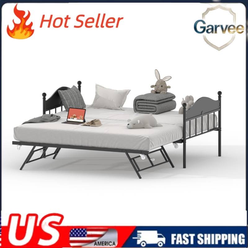 Metal Twin Daybed with Trundle Heavy Duty Steel Slats Platform for Living Room