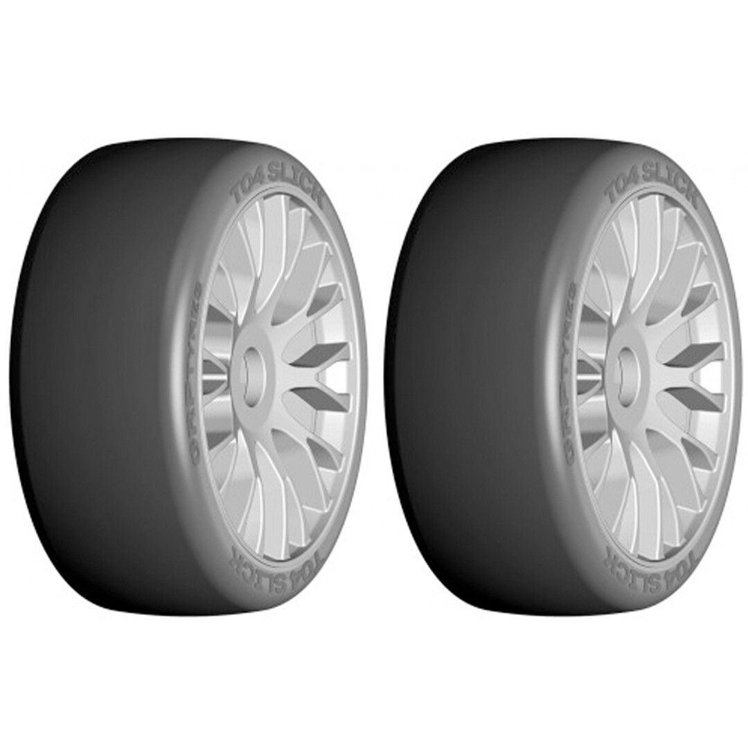 NEW GRP 1:8 GT T04 SLICK XB1 Ultra Soft Tires with 20 Spoked Silver Wheel (2)