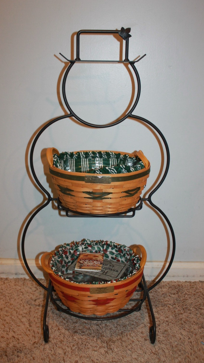 Longaberger Wrought Iron Large Snowman W/ 2  Popcorn Baskets Liners & Protectors