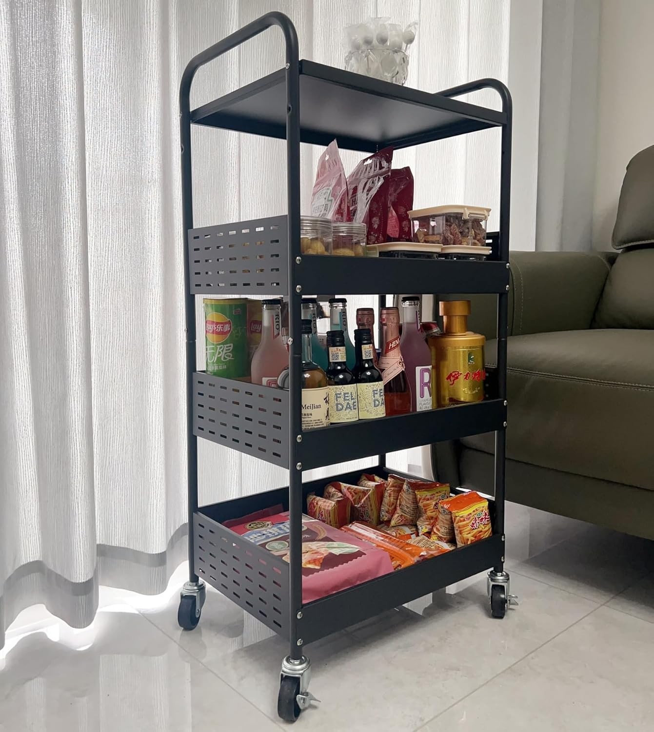 4-Tier Rolling Metal Storage Organizer, Heavy Duty Kitchen Rolling Cart  (Black)