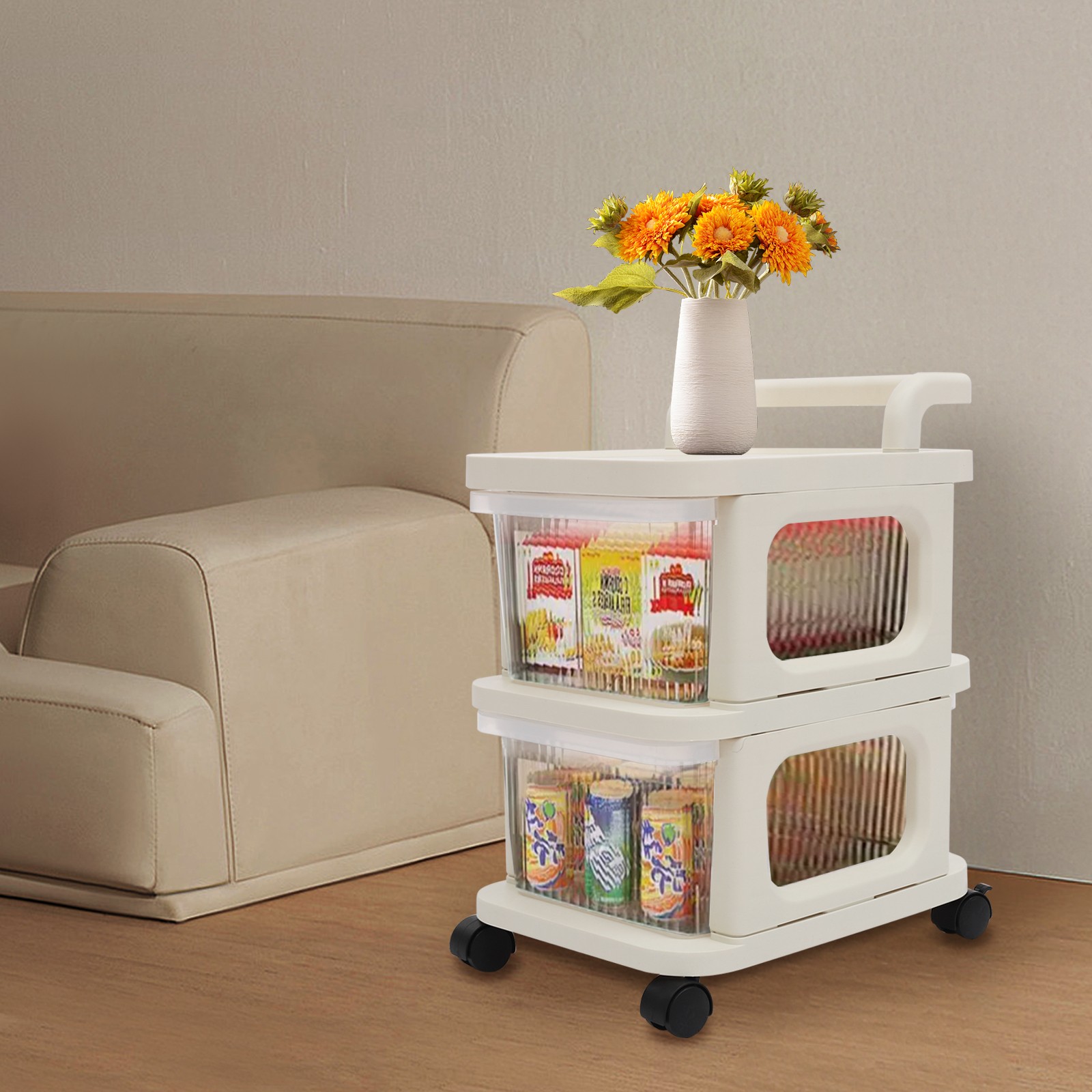2-Drawer Plastic Rolling Storage Cart with 4 Universal Wheels