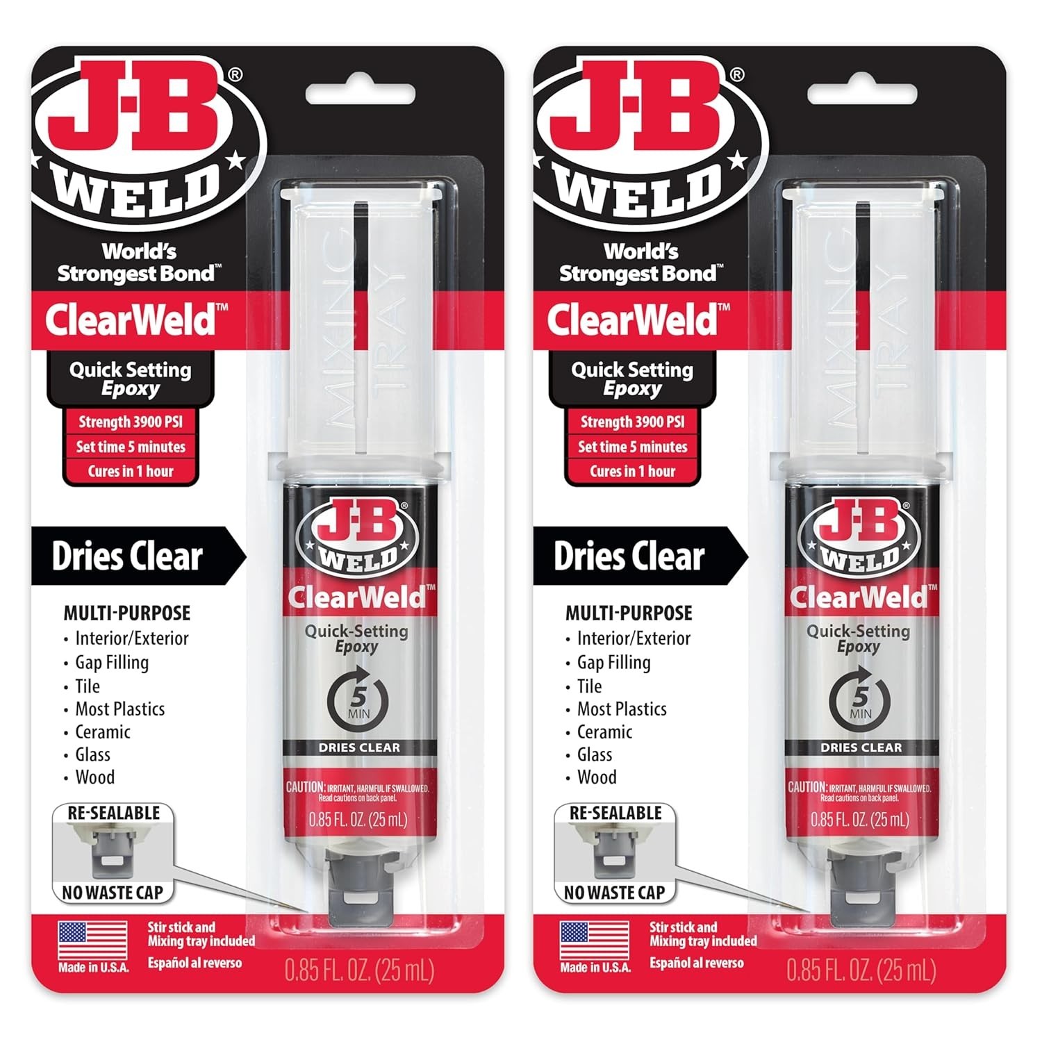 ClearWeld 2-Pack Epoxy with Syringe - Water Resistant, Strong & Versatile