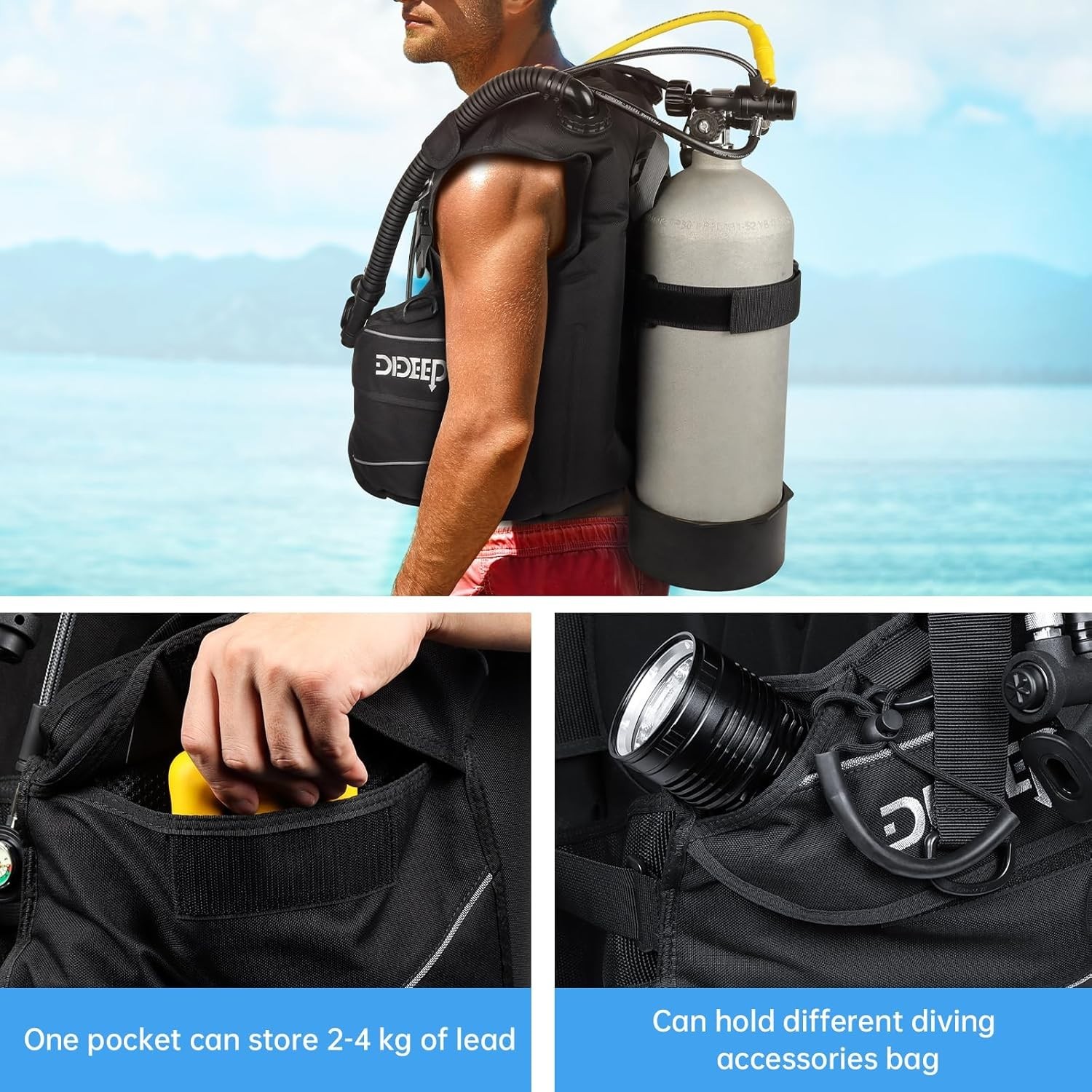 DIDEEP Scuba Diving BCD Jacket Buoyancy Compensator Vest Large Black - NIB