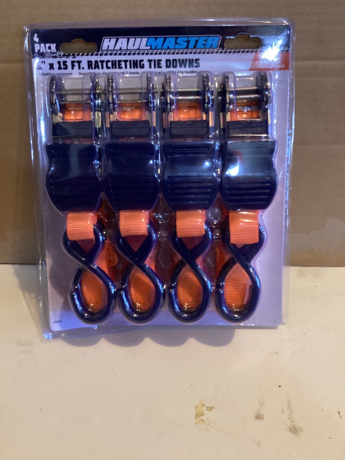 4 Pack HaulMaster 1" x 15' Ratcheting Tie Downs 400lb Working Load ~ New/Sealed