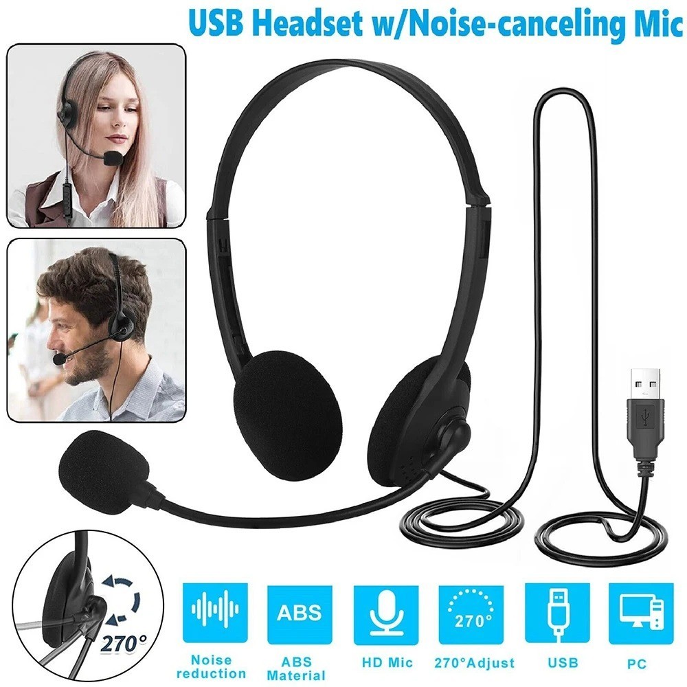 USB Headset Headphone With Microphone Noise Cancelling For PC Computer Call Chat