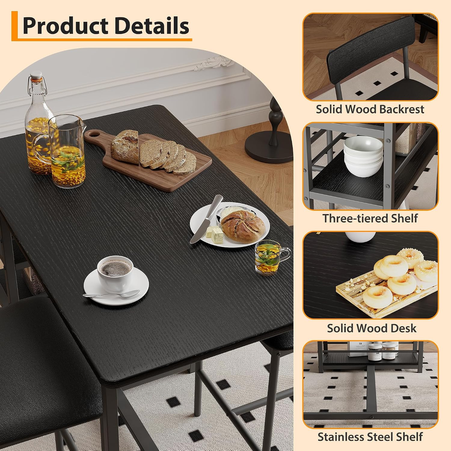 Farmhouse Counter Height Kitchen Table with 2 Bar Stools | Dining Table and Chai