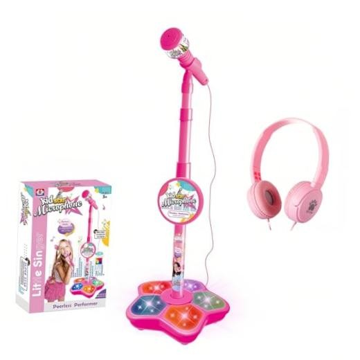 Kids Karaoke Microphone with Adjustable Stand,Standing Mic for Portable Pink