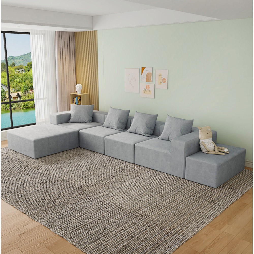 4 Seat Modular Sofa w/ Ottoman & Chaise - Grey Velvet (132x77x24in)