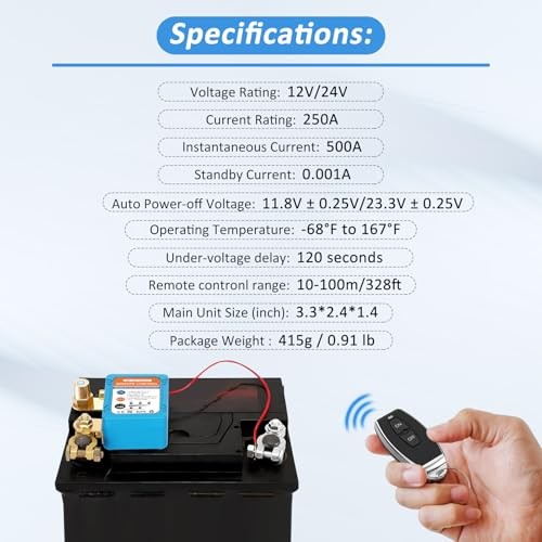 250A Kill Switch for Car, 12V/24V Remote Battery Disconnect Switch Automatic