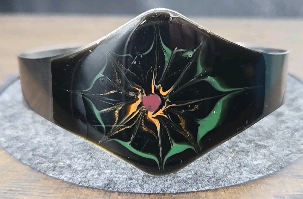Vintage Enamel Floral Cuff Bracelet Made England  Celebrity Jewels Black Green