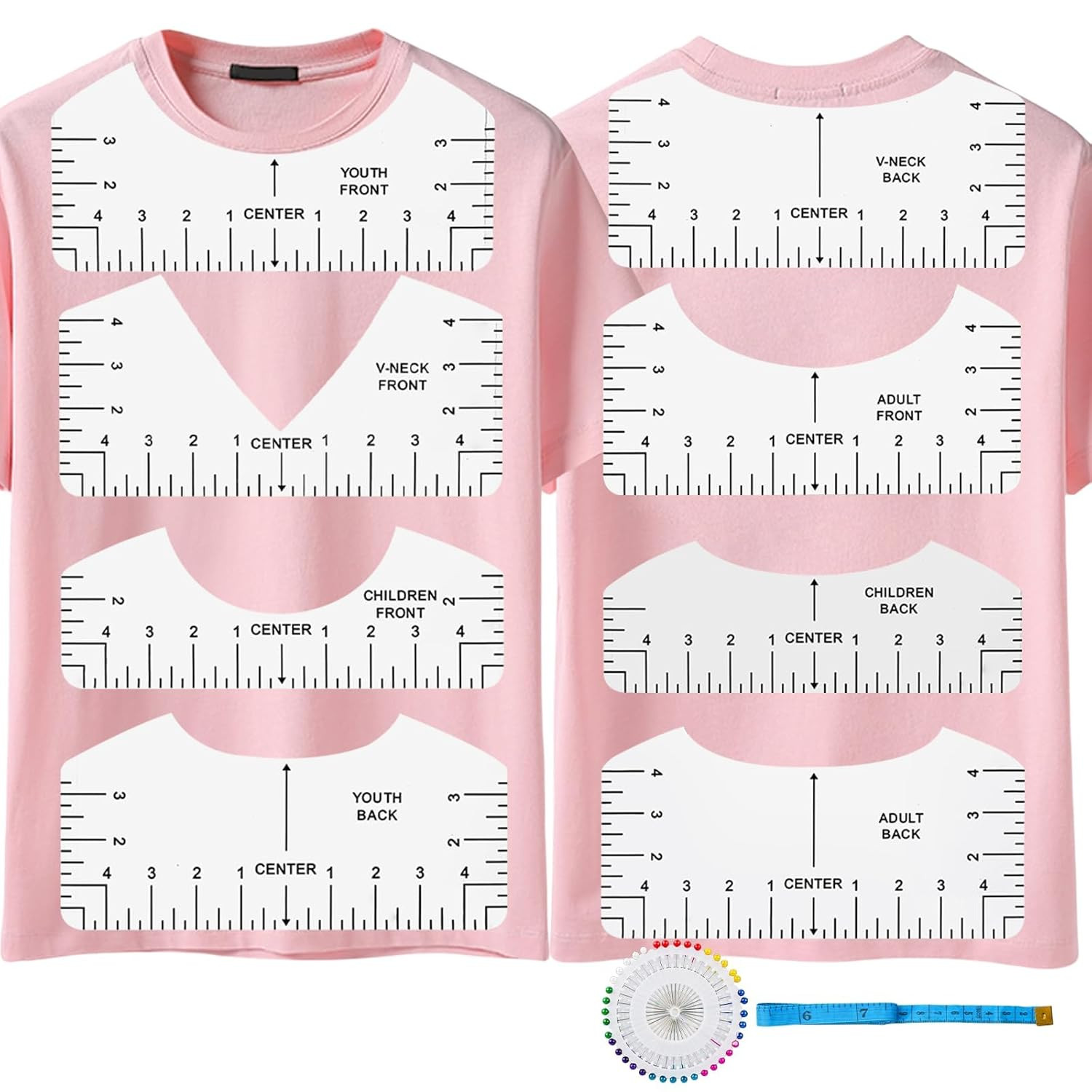 T-Shirt Alignment Ruler, Transparent PVC Guide for V-Neck/Round Neck, Heat Press
