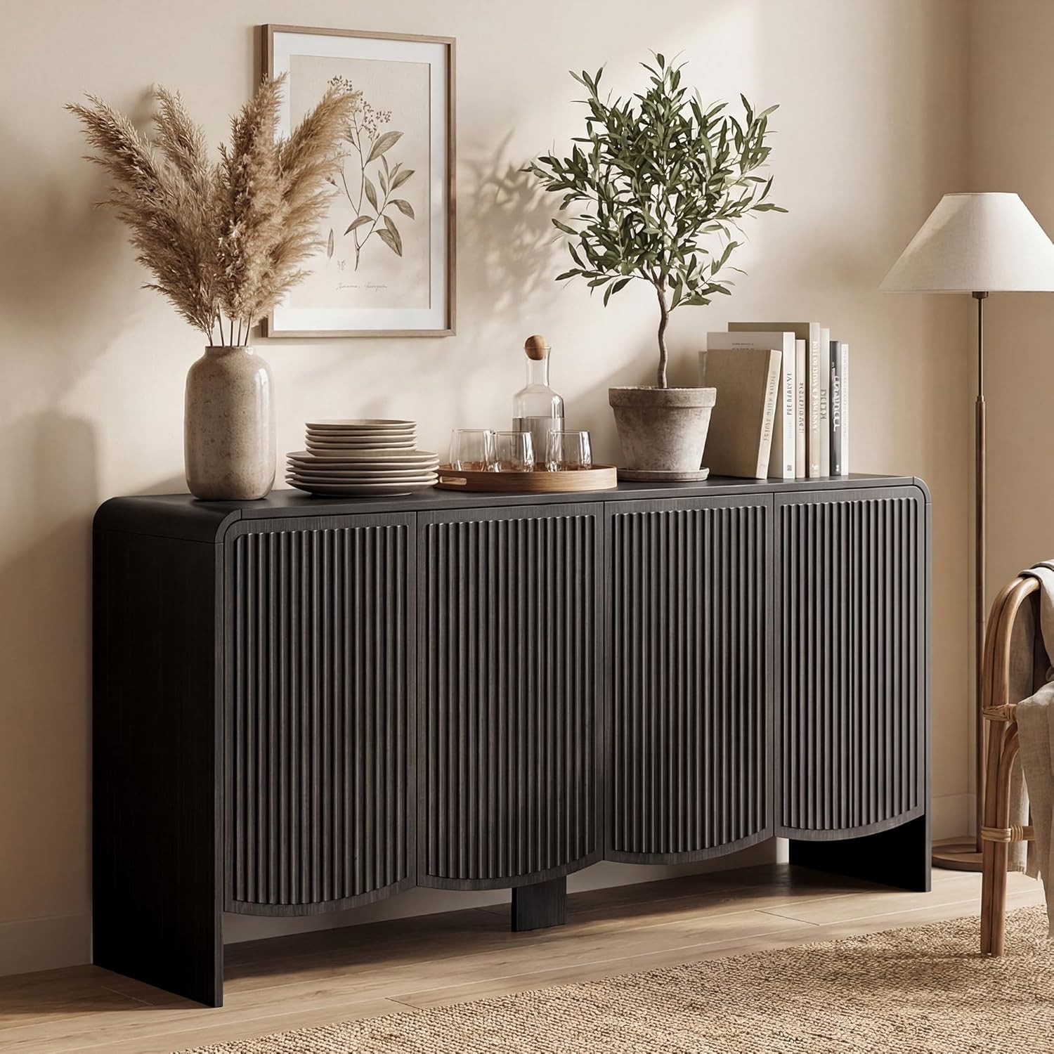Fluted Sideboard Buffet Cabinet with Stora,58" Modern Sideboard