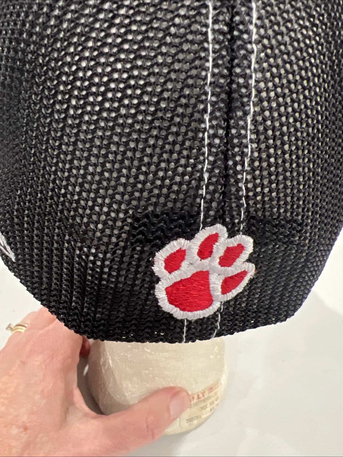 R C in Script on White Hat Cap w Red Bill Black Mesh Size 6 7/8 to 7 1/8 sm/med