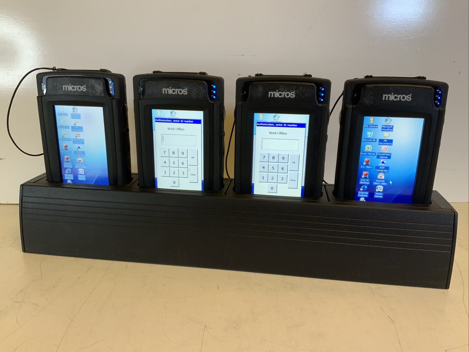 Lot Of 4 DT Research DT430 Handheld POS Terminal Scanner W/ Charging Doc