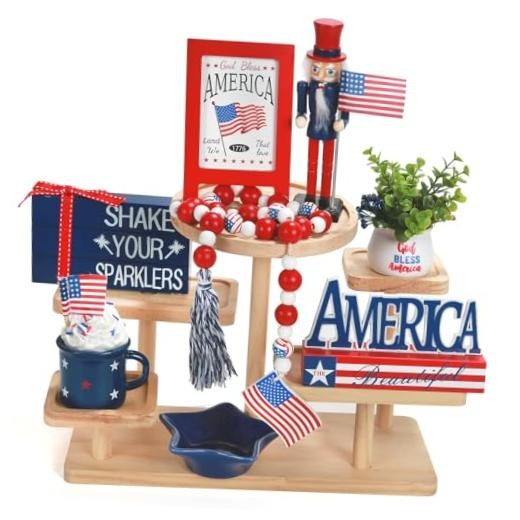 4th of July Decorations Tiered Tray Decor Set, 8 PCS Memorial Day Patriotic