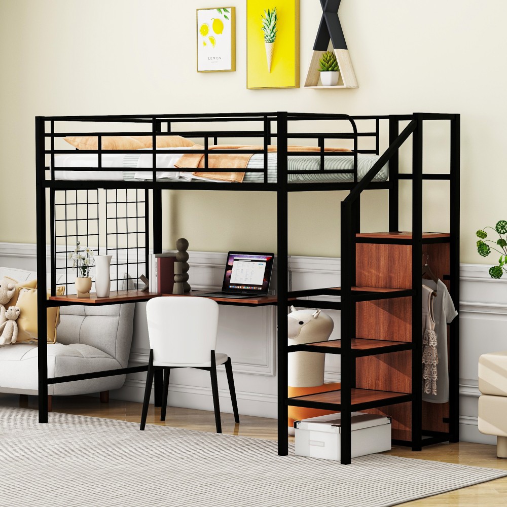 Twin Size Metal Loft Bed with Desk and Metal Grid, Stylish Metal Frame Bed