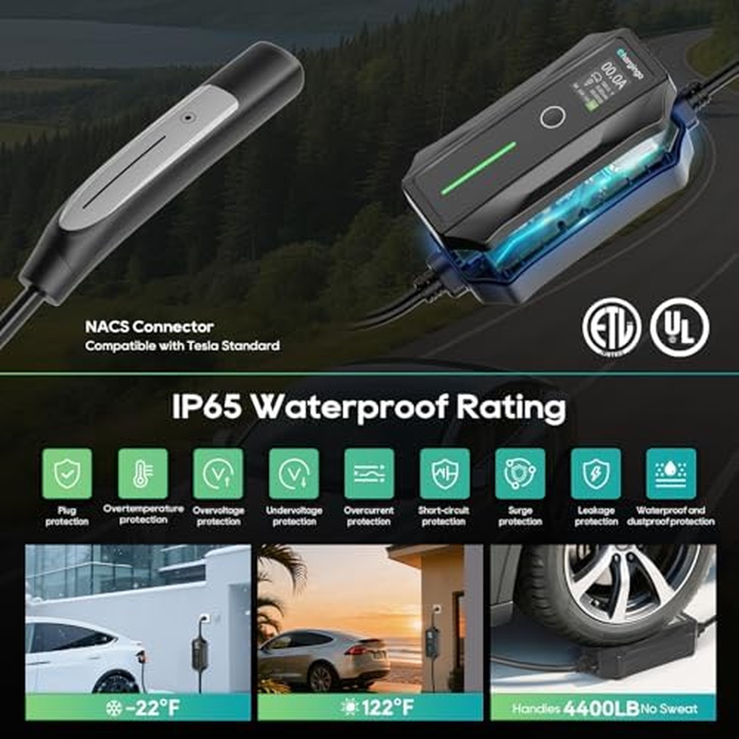 Level 1/2 Portable EV Charger for Tesla Model Y/3/S/X, Home 240V 16A (NEMA 6-...