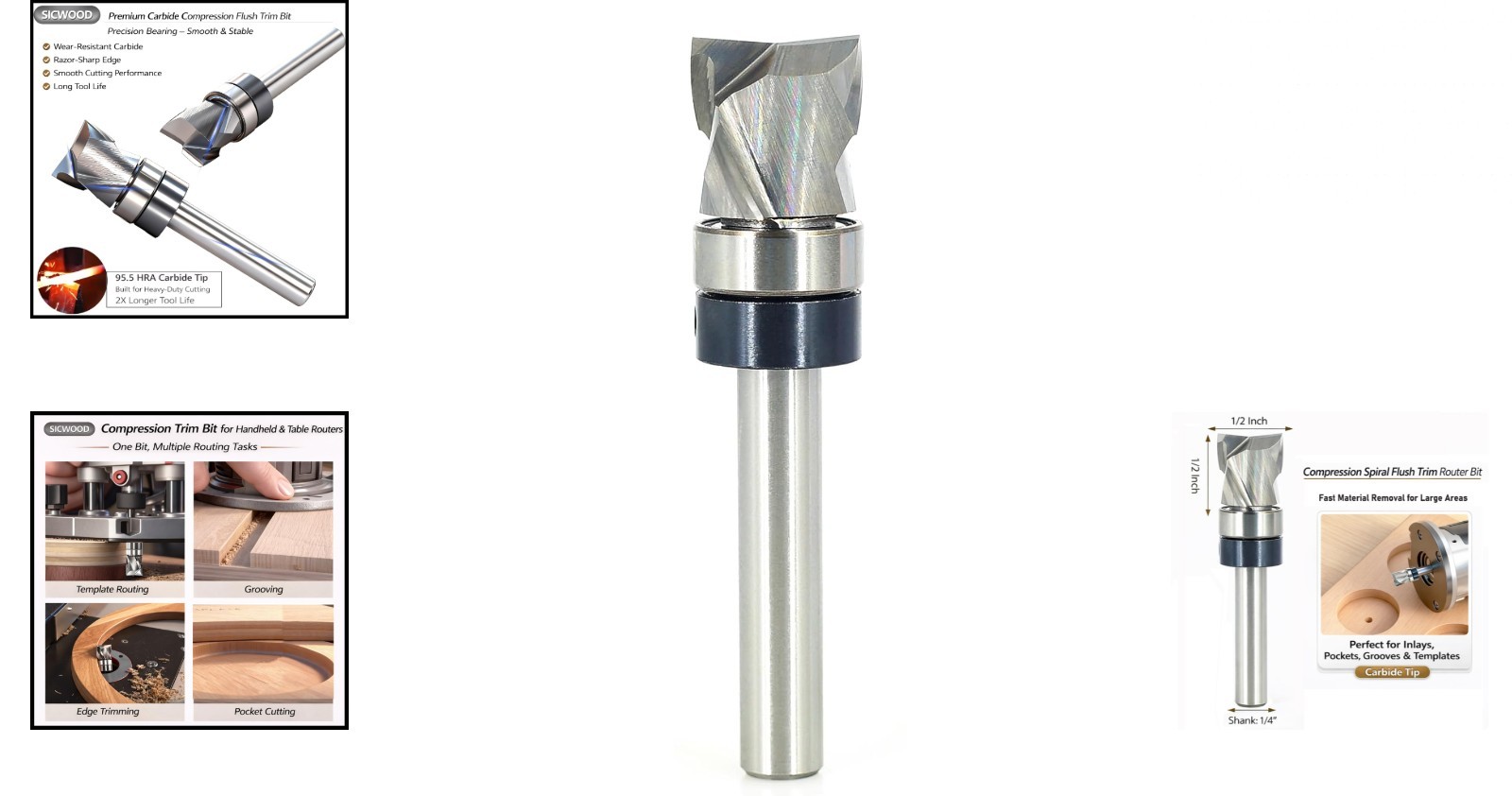 Solid Carbide Compression Flush Trim Router Bit 1/4 Shank, 2+2 Flute, 1/2" Di...