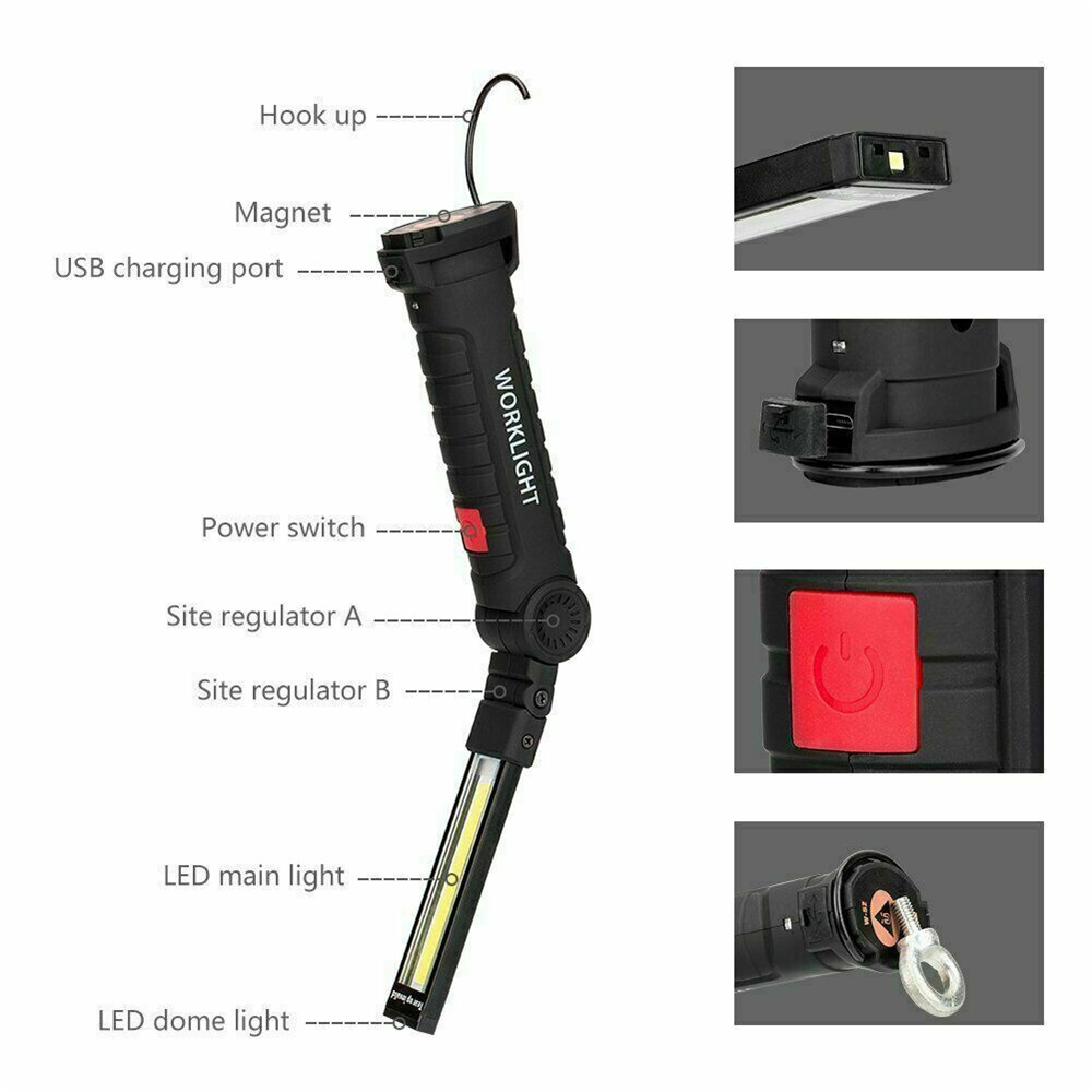 2Sets USB Rechargeable COB LED Work Light Lamp Inspect Folding Torch Flashlight