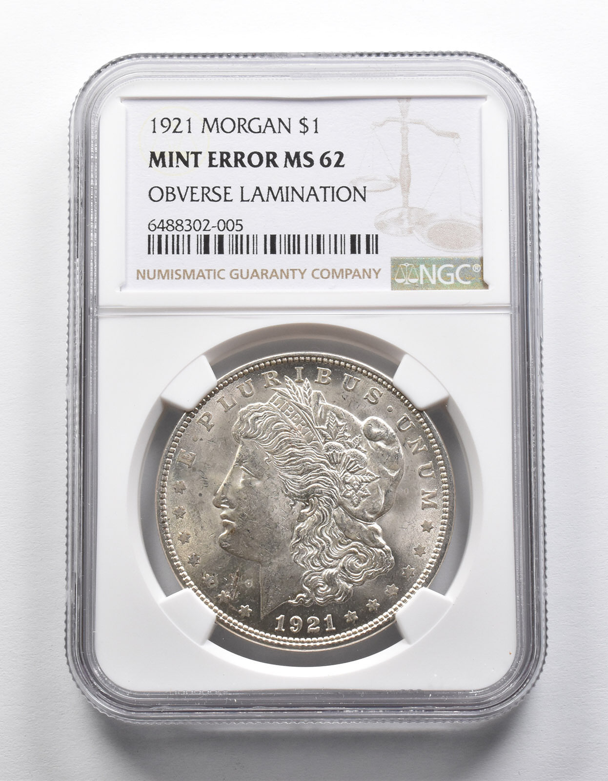Mint Error MS62 1921 Morgan Silver Dollar OBV Lamination NGC *1970
