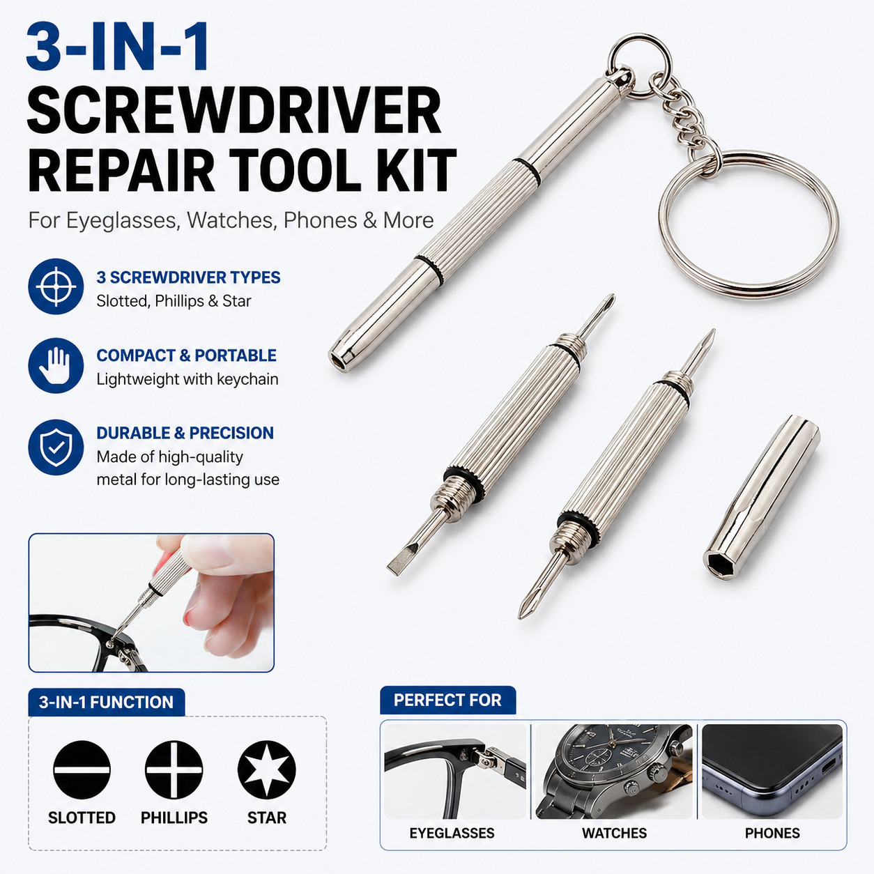 3-IN-1 Glasses Screwdriver Repair Tool Kit Eyeglasses Precision Mini Driver