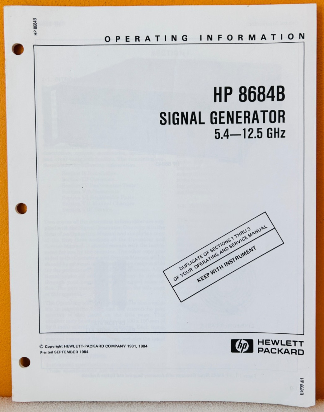 HP 08684-90045 1984 Model 8684B Signal Generator Operating Information Manual.